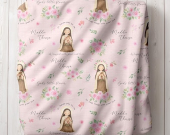Personalized St Therese Baby Blanket Catholic Baptism Gift Girl Custom Name Blanket Floral Nursery Godchild Gift Little Flower