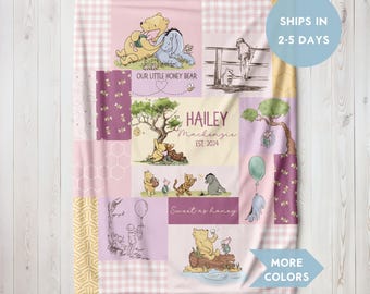 Vintage Storybook Bear Personalized Baby Blanket, Pink Nursery Blanket for Girls, Woodland Bear, Classic Patchwork Style Baby Shower Gift