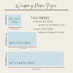 May include: Diagram showing three different sizes of wrapping paper with their dimensions in inches and feet. The paper is light blue and the text is black. The text reads: "Wrapping Paper Sizes", "20"x 30"in (1.6ft)", "30"x 72"in (6ft)", "30"x 144"in (12ft)", "TWO FINISHES", "Matte 90 GSM", "great for a classic look", "Satin 185 GSM", "adds an elegant finish".