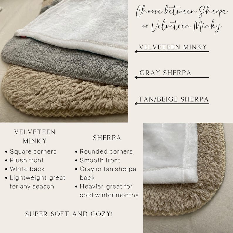 May include: Close-up of three different types of blankets: white velveteen minky, grey sherpa, and tan/beige sherpa. The text "Choose between Sherpa or Velveteen Minky" is at the top of the image. The text "Velveteen Minky" is next to an arrow pointing to the white blanket. The text "Grey Sherpa" is next to an arrow pointing to the grey blanket. The text "Tan/Beige Sherpa" is next to an arrow pointing to the tan/beige blanket. The text "SUPER SOFT AND COZY!" is at the bottom of the image.