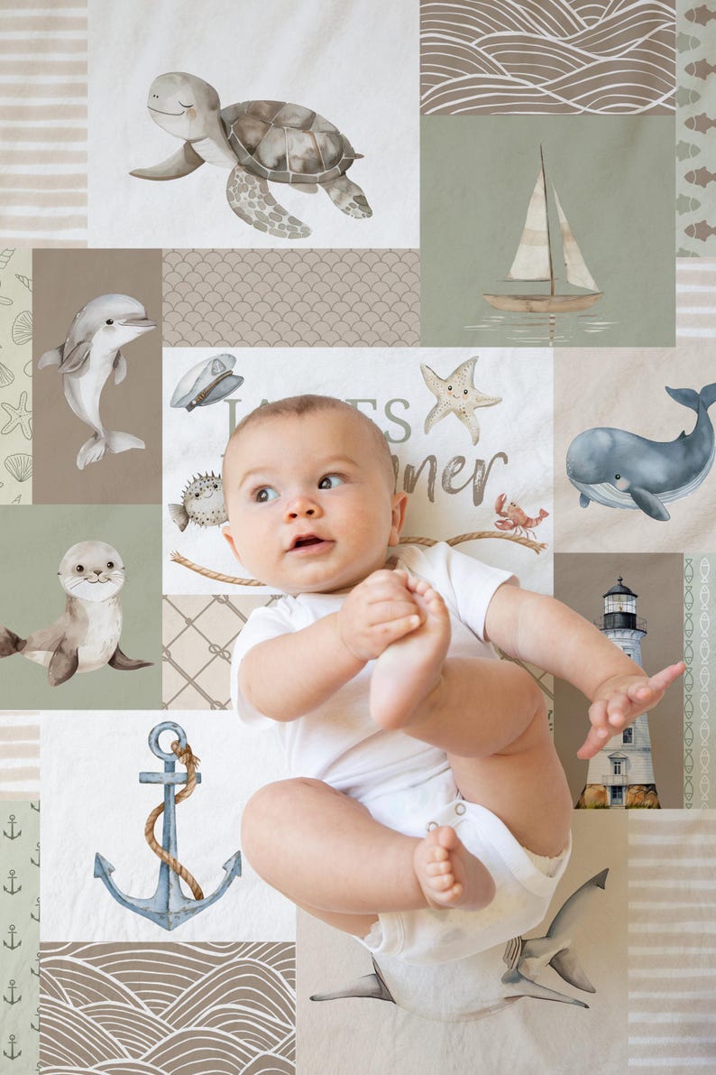 May include: A baby is lying on a white and brown play mat with a nautical theme. The mat features a variety of sea creatures, including a turtle, a dolphin, a whale, a starfish, a crab, a seahorse, and an anchor. The text "Little Summer" is printed on the mat.