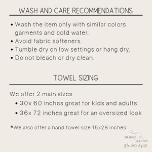 May include: Wash and care instructions for towels, including washing with similar colors, cold water, and tumble drying on low. Towel sizing information is also included, with two main sizes: 30x60 inches and 36x72 inches. A hand towel size of 15x28 inches is also offered.