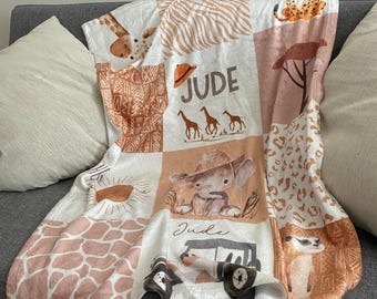 Custom Safari Baby Blanket, Safari Baby Boy Blanket, Animal Pattern Blanket, Boy Animal Gift Idea, Giraffe Elephant Blanket, Safari Nursery