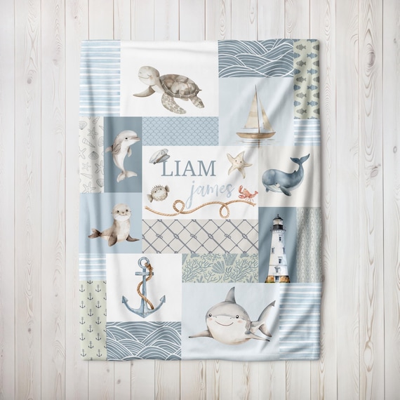 Nautical Blanket, Sea Animals Blanket, Minky Blanket Sailor Ocean, Ocean Nursery Decor, Sea Animals Nautical Baby Shower, Sea Turtle Blanket