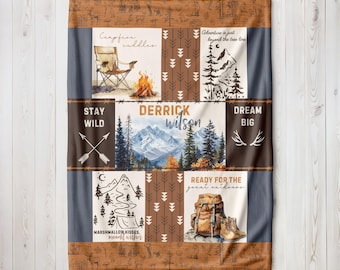 Personalized Woodland Blanket Adventure Awaits Baby Boy Camping Blanket Mountain Crib Blanket Wildlife Nursery Forest Themed Fox and Bear