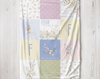 Manta de bebé de primavera, manta de bebé con flores silvestres, manta para bebé con nombre, estampado de flores, ropa de cama para guardería, regalo para recién nacidos personalizado, pieza para cochecito