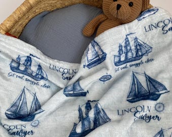 Personalized Nautical Baby Blanket, Custom Velveteen Minky Name Blanket, Coastal Nursery Decor, Baby Boy Shower Gift Keepsake