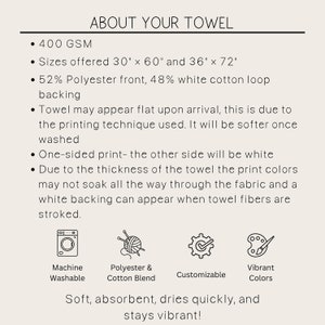 May include: A white background with black text describing the features of a towel. The text reads "About Your Towel" and includes details like GSM, size, material composition, and care instructions. The towel is described as soft, absorbent, quick-drying, and vibrant.  Four icons represent machine washable, polyester and cotton blend, customizable, and vibrant colors.