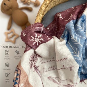 Close-up of ultra-soft western baby blanket in basket with icons for machine washable, ultra plush, personalized, and vibrant colors