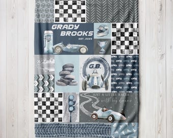 Personalized Kids Race Car Blanket Race Car Boys Room Decor Custom Car Themed Bedroom Vintage Transportation Throw Toddler Name Gift Child