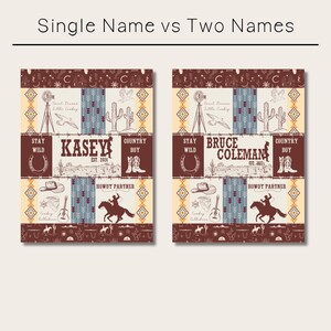 May include: Two different designs for a personalised baby blanket. The first design features the name "Kasey" with the text "Stay Wild, Country Boy, Est. 2024". The second design features the name "Bruce Coleman" with the text "Stay Wild, Country Boy, Est. 2023". Both designs feature a cowboy riding a horse, a cactus, a horseshoe, and a guitar.