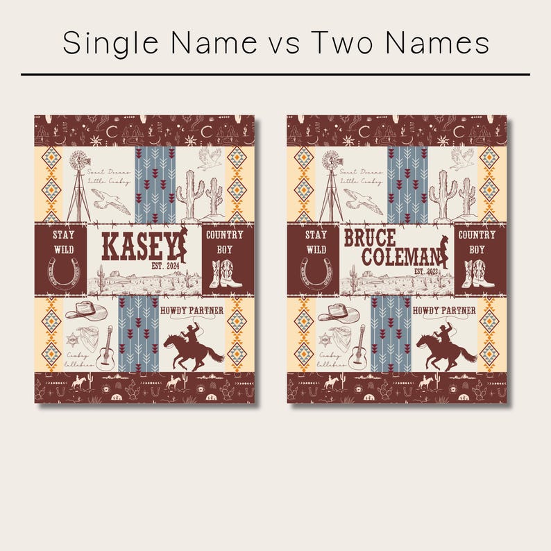May include: Two different designs for a personalised baby blanket. The first design features the name "Kasey" with the text "Stay Wild, Country Boy, Est. 2024". The second design features the name "Bruce Coleman" with the text "Stay Wild, Country Boy, Est. 2023". Both designs feature a cowboy riding a horse, a cactus, a horseshoe, and a guitar.