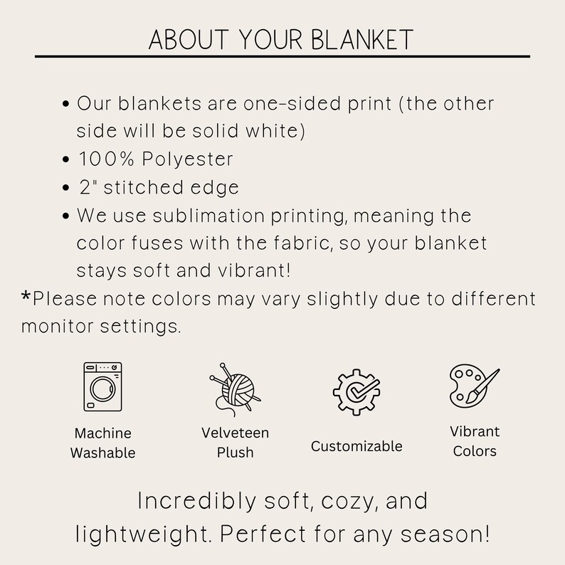 May include: A graphic showing the features of a blanket. The blanket is one-sided print with a solid white back. It is made of 100% polyester and has a 2 inch stitched edge. The blanket is machine washable and made with a soft, velvety plush fabric. The graphic also shows that the blanket is customizable and comes in vibrant colors. The text reads "About Your Blanket" and "Incredibly soft, cozy, and lightweight. Perfect for any season!"