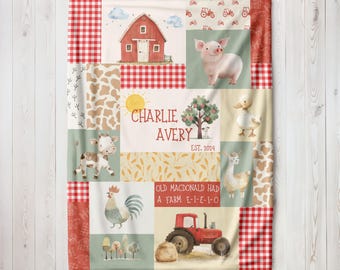 Farming Blanket, Farm Animal Blanket, Cow Blanket, Tractor Blanket, Kids Name Blanket, Personalized Name Blanket, Baby Blanket with Name