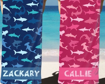 Personalized Beach Towel, Custom Pool Towels, Shark Towel Personalized, Vacation Birthday Gift for Boys and Girls, Summer Gift for Kids