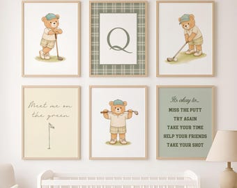 Golf Nursery Wall Art Printable Set of 25, Vintage Teddy Bear Golf Decor, Baby Boy Room Prints, Alphabet A-Z Download