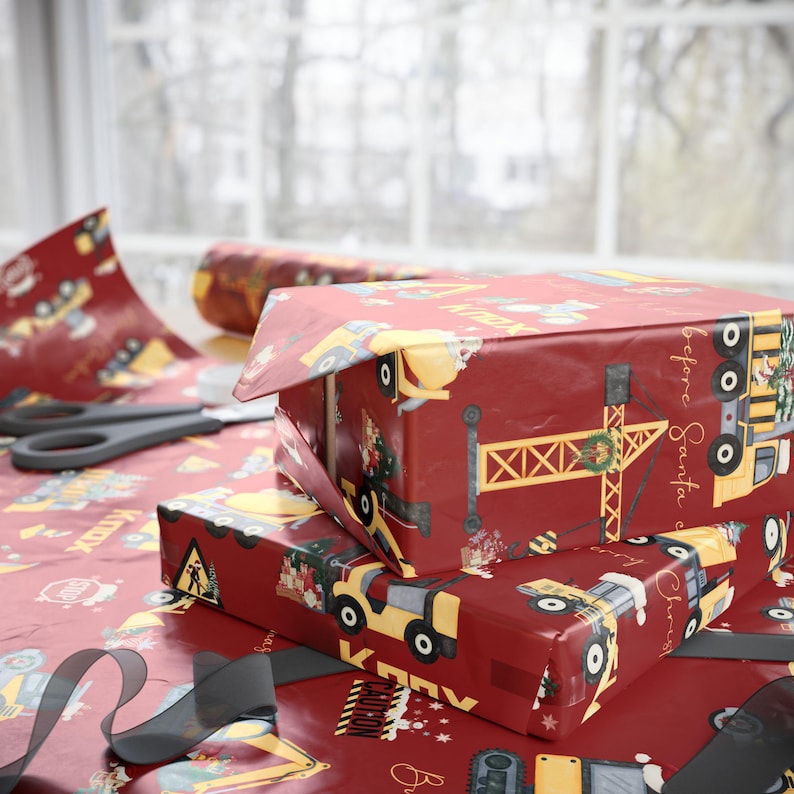 Personalized Gift Wrap, Christmas Wrapping Paper Roll, Construction Boy Wrapping Paper, Custom Gift Wrap, Holiday Gift Wrap, Xmas Wraps image 1