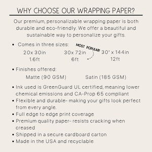 May include: A white background with black text describing the features of wrapping paper. The text includes the phrase "Why Choose Our Wrapping Paper?" and lists the different sizes, finishes, and features of the paper. The text also mentions that the paper is GreenGuard UL certified and CA-Prop 65 compliant.
