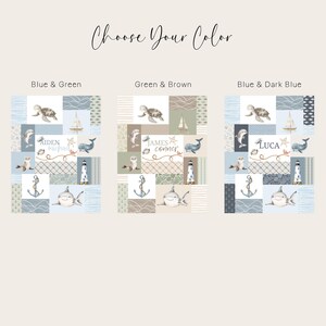 May include: Three different color variations of a baby quilt with a nautical theme. The quilt features a patchwork design with various sea creatures, including a turtle, a shark, a dolphin, and a seal. The quilt also includes anchors, lighthouses, and seashells. The names "Aiden Michael", "James Conner", and "Luca" are embroidered on the quilts.