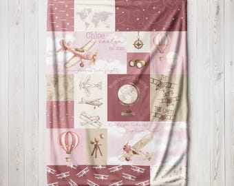 Manta de avión para bebé niña, manta de viaje con nombre de bebé, regalo de avión, decoración de guardería de aventura, mapa del mundo, regalo de baby shower de aviación