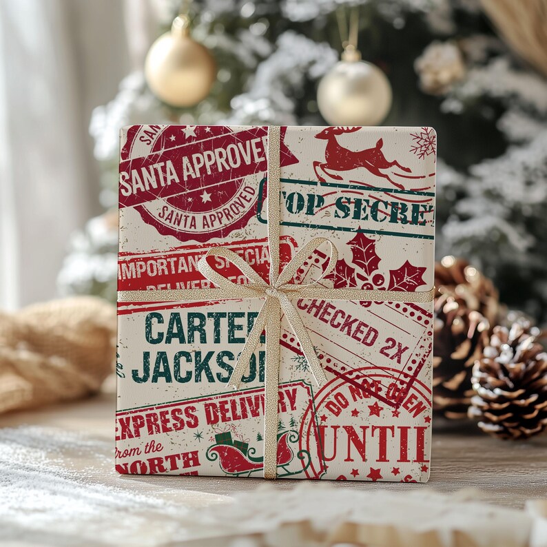 Puede incluir: Un papel de regalo blanco con sellos rojos y verdes. Los sellos tienen texto que dice "Santa Approve", "Top Secret", "Checked 2X", "Express Delivery from the North", y "Until".