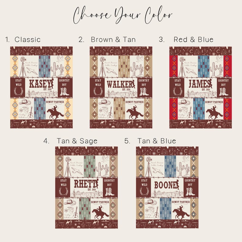 May include: Five different colour variations of a personalised baby blanket with a western theme. The blanket features a cowboy boot, a cactus, a horseshoe, a guitar, and a windmill. The blanket is available in classic, brown and tan, red and blue, tan and sage, and tan and blue.