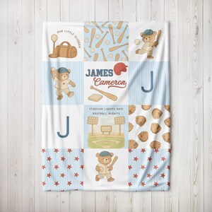 May include: A baseball-themed baby blanket with a patchwork design. The blanket features illustrations of baseball bats, gloves, teddy bears, and a baseball stadium. The text "OUR LITTLE SLUGGER", "JAMES CAMERON", and "STADIUM LIGHTS AND BASEBALL NIGHTS" are also included.