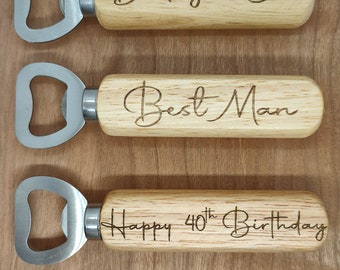 Personalised Wood Beer Opener, Custom Engraved Bar Tool, Rustic Bottle Opener, Wooden Gift Idea