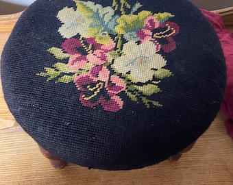 Vintage Needlepoint Upholstered Floral Foot stool with carved legs