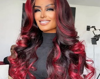 WIG Wavy Red/Black  Brazilian human hair wig 13x4  SUPER QUALITY ( Hairloss/Alopeica /Cancer/ Drag)