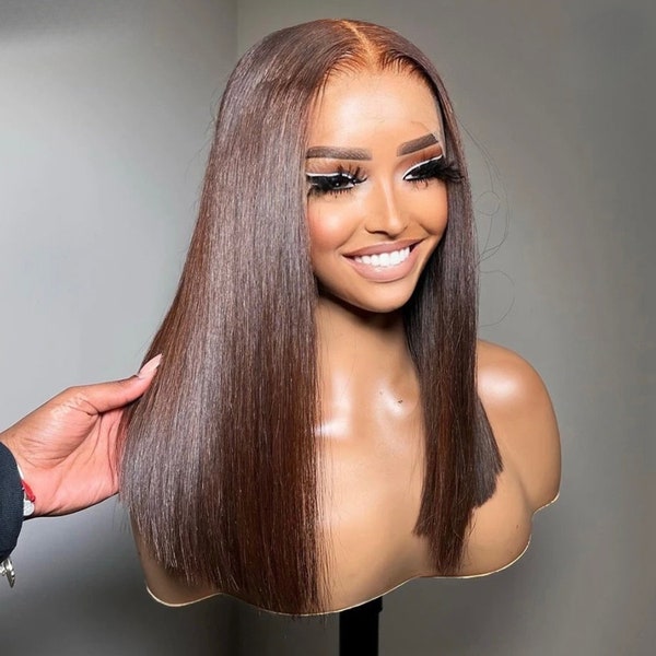 WIG Brown human hair straight 13x4 180% density Rémy hair bleached and plucked BOB lace front 16 inches wig Hairloss/Alopeica /Cancer/ Drag