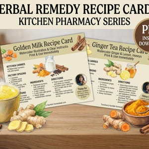 Küche Kräuterheilmittel Rezeptkarten | Goldene Milch & Ingwer Tee (PDF Download)