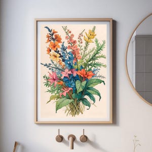 Vintage botanische print: kleurrijk boeket wilde bloemen, Cottagecore-muurkunst (digitale download)