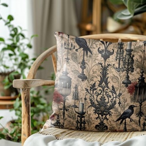 Gothic Victorian Dark Academia Throw Pillow: Poe Crow Design, Halloween Home Decor