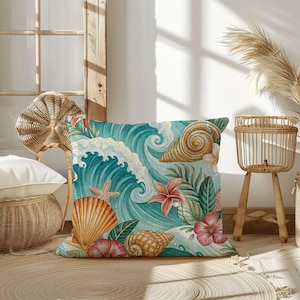 Coastal Wave Throw Pillow, Nautical Home Decor, Beach Style Cushion, Coastal Home Decor, Tropical Living Room Accent, Gifts for Beach Lovers