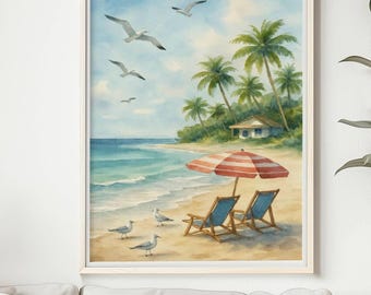 Neutral Coastal Living Room Beach Poster, Coastal Wall Art, Gift for Beach Lovers, Beach House Scene Print