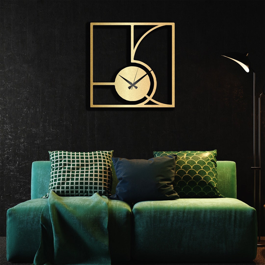 Gold Square Metal Wall Clock, Art Deco Clock, Livingroom Wall Art