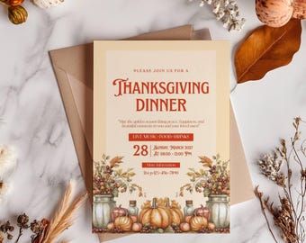 Invitación a una cena de Acción de Gracias con amigos para otoño. Invitación a una cena compartida de Acción de Gracias dibujada a mano. Fiesta de cena festiva para amigos. Calabaza de Acción de Gracias.