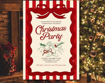 Puede incluir: Una invitación a una fiesta de Navidad con un borde a rayas rojas y blancas y un gran lazo rojo en la parte superior. El texto de la invitación dice "Christmas Party" en una fuente decorativa, con detalles sobre la fecha, la hora y el lugar.