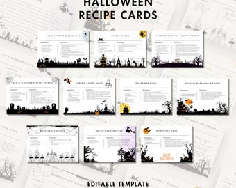 Halloween Recipe Cards, Halloween Printable, Digital Recipe, Halloween Book Paper, Halloween Scrapbooking, Editable Recipes Cards