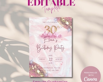 Invito per il 30° compleanno rosa acceso arancione, modello modificabile, download digitale, per brunch tropicale, pranzo o cena, festa con bevande, stampabile