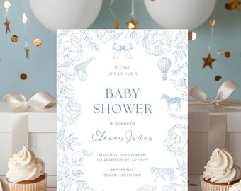 Safari Toile De Jouy Baby Shower Invitation. Editable Dusty Blue Safari Baby Shower Invite Baby Shower Invite. Instant download. Canva