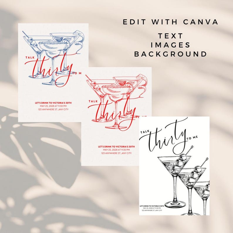 May include: A collection of invitation cards with martini glasses and the text "Talk Thirty". The cards are in red, blue, and black and white. The text "Edit with Canva" is at the top.