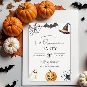 May include: A Halloween party invitation with orange and white pumpkins, and autumn leaves. The invitation features a spider web, bat, witch hat, ghost, and jack-o'-lantern illustrations. The text reads "Please Join us for a Halloween Party".