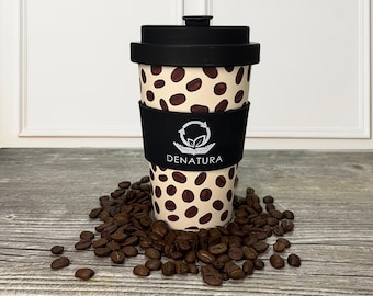 Kaffeebecher to go 400ml, Becher aus Bambus mit Silikongriff und Schraubdeckel, Nachhaltig und wiederverwendbar