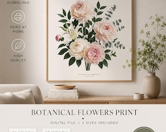 Impression botanique pivoine, art mural floral, affiche de fleurs imprimable, décoration de salon élégante, impression fleurs botaniques, téléchargement numérique A4 A3