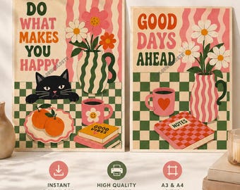 Lot de 2 affiches imprimables | Art mural esthétique rétro | Décoration de cuisine mignonne | Impressions colorées de style vintage | Téléchargement numérique A3 A4