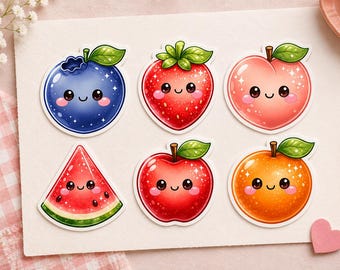 Pegatinas de frutas Kawaii PNG / Conjunto de imágenes prediseñadas de frutas lindas / Descarga digital PNG de sublimación de arándano, fresa, durazno, manzana, naranja y sandía