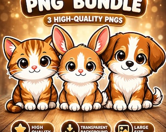 Bundle PNG animal mignon, chat lapin chien PNG, Clipart Animal Kawaii, animal de compagnie mignon PNG, design par sublimation, fond Transparent