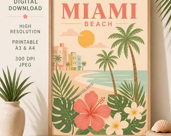 Affiche imprimable de Miami Beach | Art mural tropical | impression d'été vintage | A3 A4 JPEG | Téléchargement numérique | Décoration de plage